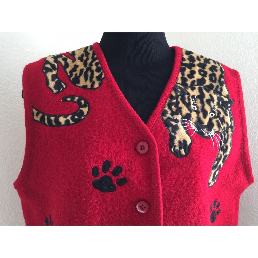 LISA INTERNATIONAL Women Pefite Vest Red Leopard paws 100% Boiled Wool Size‎ PM - Picture 4 of 6
